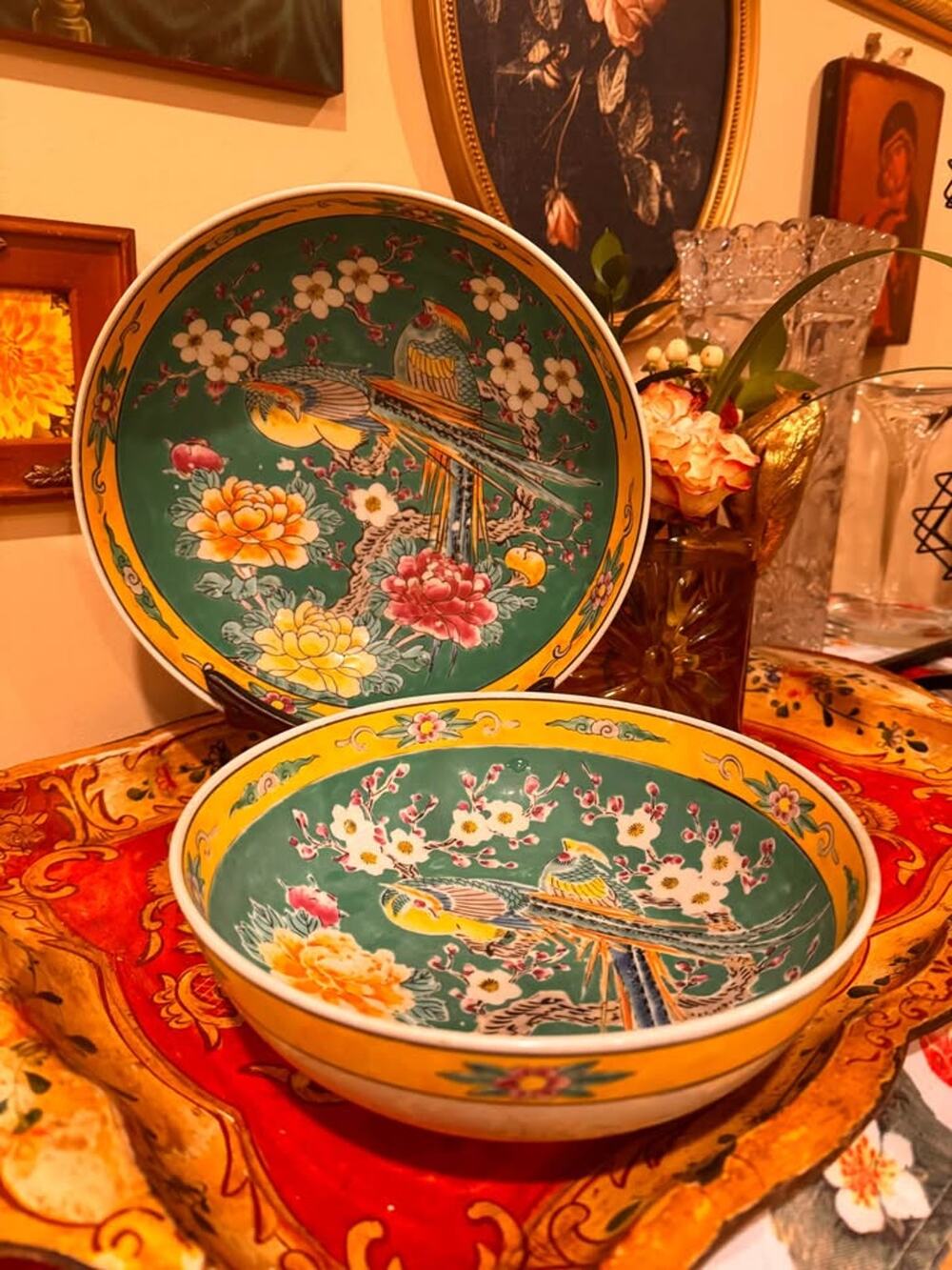 Vintage Japanese Hand Painted Porcelain Bowl Set – Birds, Blossoms & Peonies
